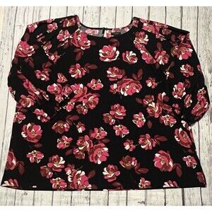 Halogen Womens Dark Floral Top Size 4X Puff Sleeve Office Black Pink Heavy